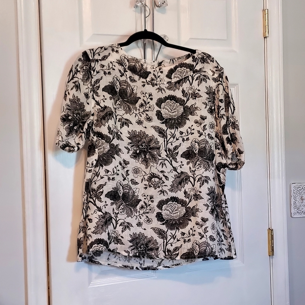 FLAX 100% Linen Floral Short Sleeves Top  Blouse Med Cream Gray Lagenlook Boho